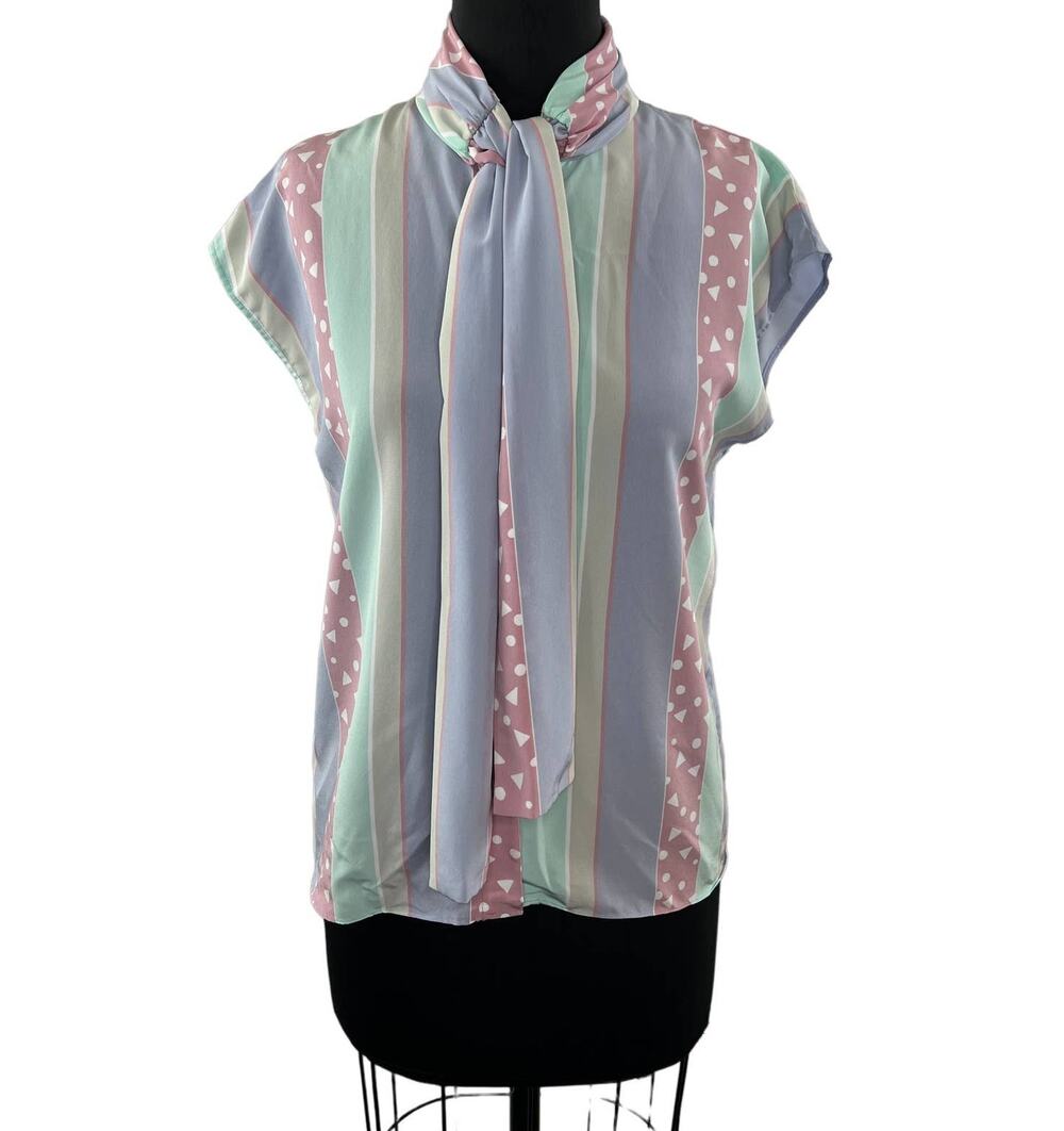 Vintage SASSON Pastel Multi Stripe Scarf-Neck Blouse Geometric Retro Tie Neck 12
